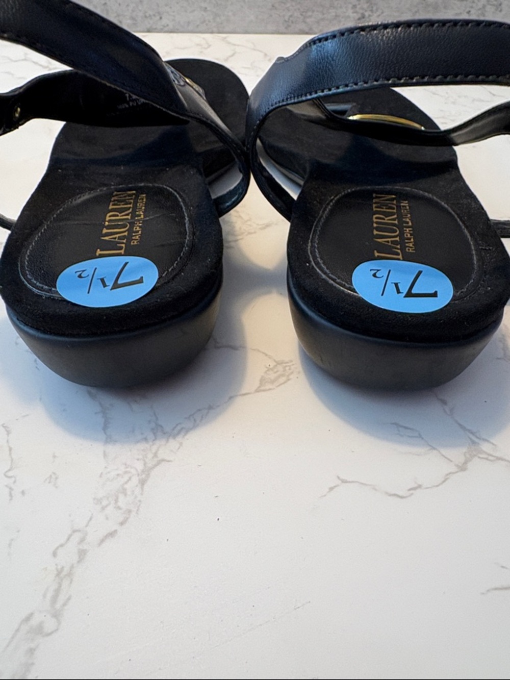 Lauren Ralph Lauren NWT Black T-Strap Sandals with Gold Accent size 7.5 Kacy - Picture 5 of 8